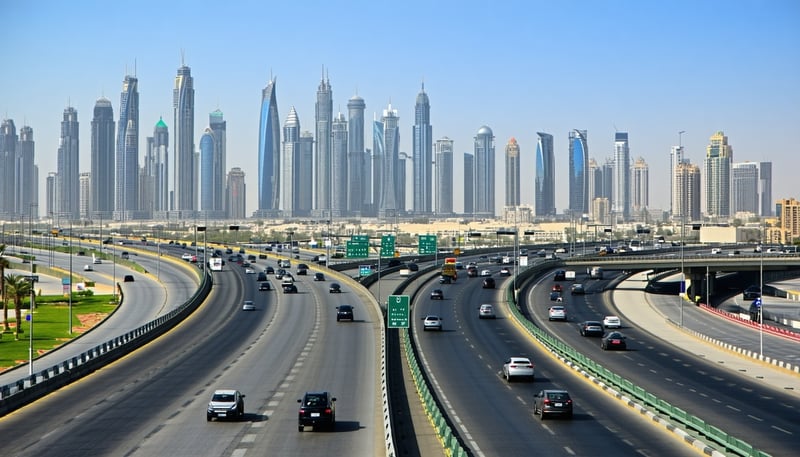 Dubai skyline with major highways and toll gates Dubai skyline with major highways and toll gates